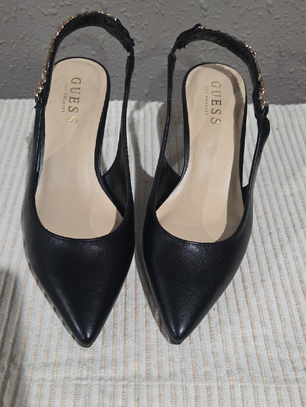 GUESS Black Pointed Slingback Heels with Gold Accent